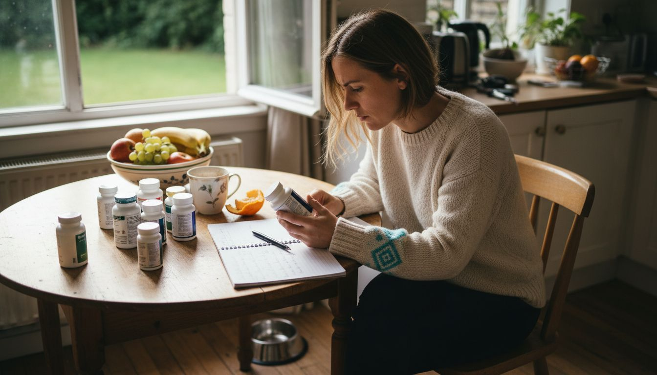 Woman examining dietary supplement bottles at table