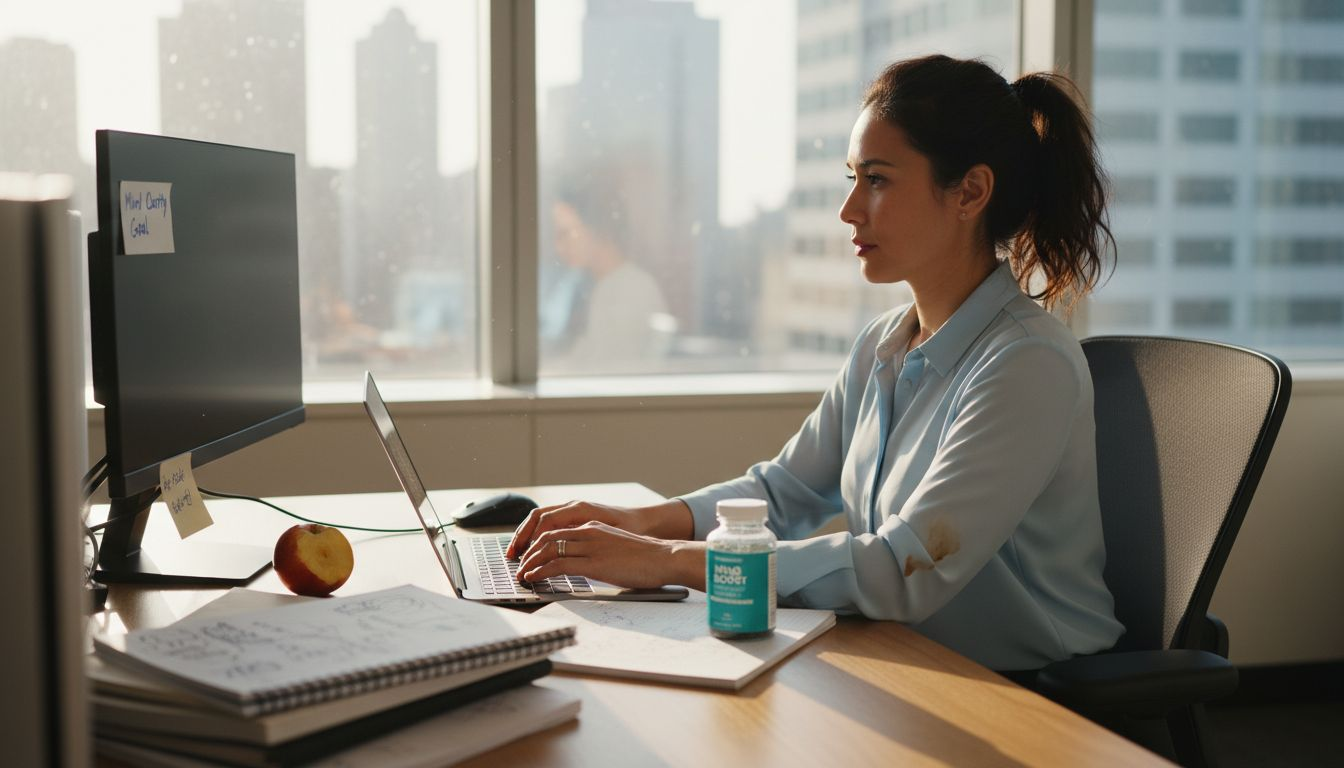 Professional woman focusing at sunny office desk